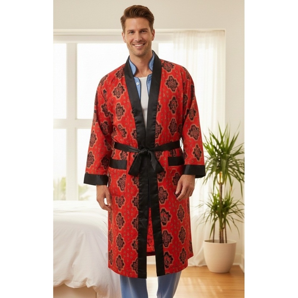 Vintage Pleetway Toga Robe Red Black Gold Asian Print Cotton‎ Kimono Men's M